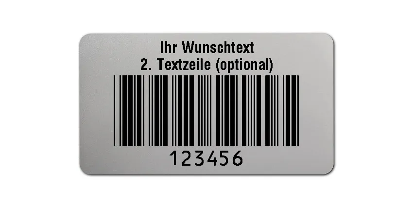 Prüfetiketten Material:Polyester-Folie Silberoptik matt Größe:45x25mm Kopfzeile:"Ihr Wunschtext" Barcode:Code 39 ohne Prüfziffer Stellenanzahl:6-stellig Ausführung:1 Etikette pro Nummer Menge:1000
