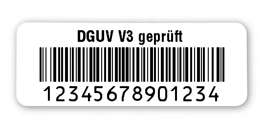 Prüfetiketten Material:Polyethylen-Folie hochglänzend weiß Größe:40x15mm Kopfzeile:"DGUV V3 geprüft" Barcode:128B Stellenanzahl:14-stellig Ausführung:1 Etikette pro Nummer Menge:1000