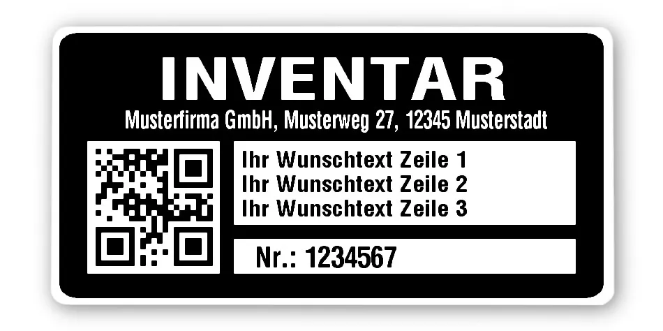 Inventaretiketten Material:Polyethylen-Folie hochglänzend weiß Größe:68x34mm Kopfzeile:"Ihr Wunschtext" Barcode:QR Stellenanzahl:7-stellig Menge:1000