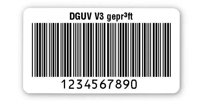 Prüfetiketten Material:Polyethylen-Folie hochglänzend weiß Größe:45x25mm Kopfzeile:"DGUV V3 geprüft" Barcode:Code 39 ohne Prüfziffer Stellenanzahl:10-stellig Ausführung:1 Etikette pro Nummer Menge:500