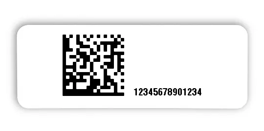 Universaletiketten Material:Polyethylen-Folie hochglänzend weiß Größe:40x15mm Kopfzeile:"ohne" Barcode:DataMatrix Stellenanzahl:14-stellig Ausführung:1 Etikette pro Nummer Menge:100
