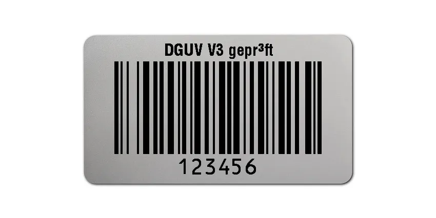 Prüfetiketten Material:Polyester-Folie Silberoptik matt Größe:45x25mm Kopfzeile:"DGUV V3 geprüft" Barcode:128B Stellenanzahl:6-stellig Ausführung:1 Etikette pro Nummer Menge:500
