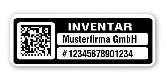Inventaretiketten Material:Polyethylen-Folie hochglänzend weiß Größe:40x15mm Kopfzeile:"Ihr Wunschtext" Barcode:DataMatrix Stellenanzahl:14-stellig Menge:500