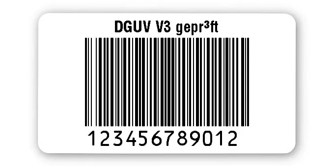 Prüfetiketten Material:Polyethylen-Folie hochglänzend weiß Größe:45x25mm Kopfzeile:"DGUV V3 geprüft" Barcode:128B Stellenanzahl:12-stellig Ausführung:1 Etikette pro Nummer Menge:1000