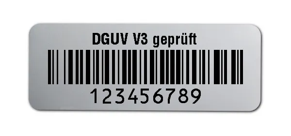 Prüfetiketten Material:Polyester-Folie Silberoptik matt Größe:40x15mm Kopfzeile:"DGUV V3 geprüft" Barcode:128B Stellenanzahl:9-stellig Ausführung:1 Etikette pro Nummer Menge:1000