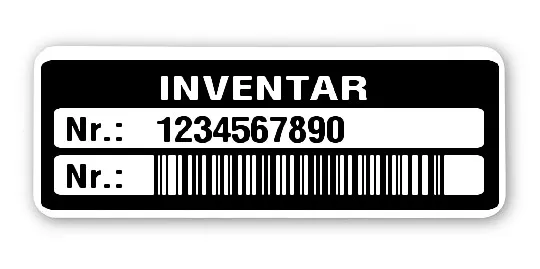 Inventaretiketten Material:Polyethylen-Folie hochglänzend weiß Größe:40x15mm Kopfzeile:"Inventar" Barcode:128B Stellenanzahl:10-stellig Menge:100