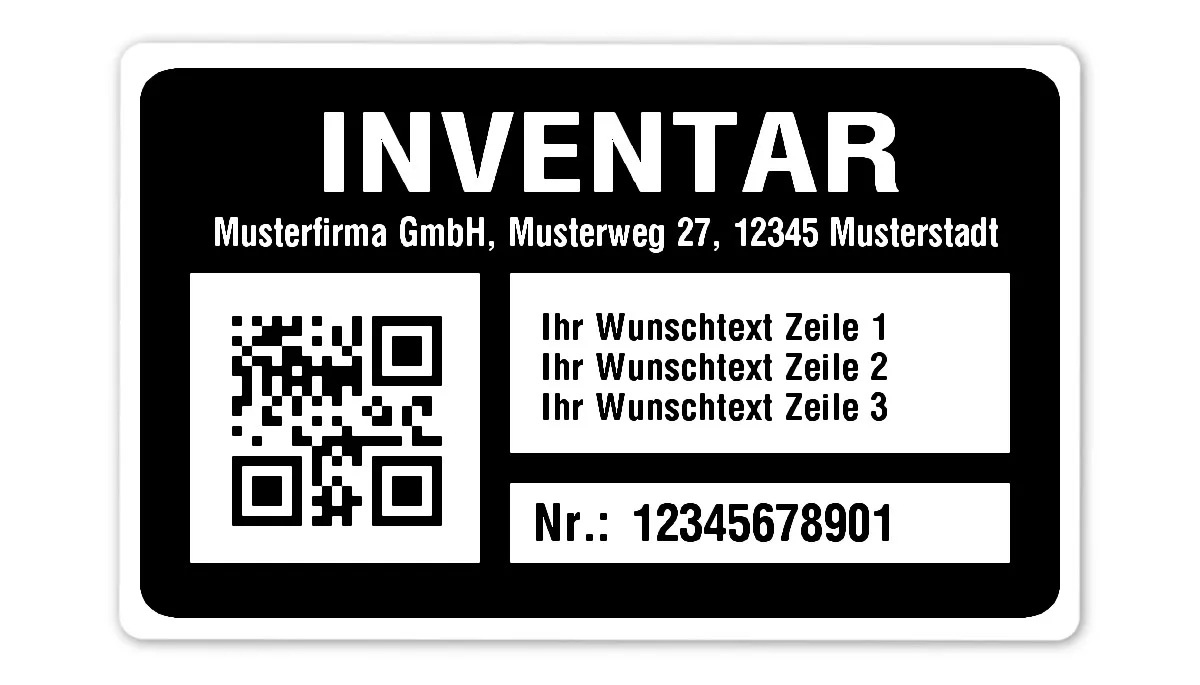 Inventaretiketten Material:Polyethylen-Folie hochglänzend weiß Größe:80x50mm Kopfzeile:"Ihr Wunschtext" Barcode:QR Stellenanzahl:11-stellig Menge:1000