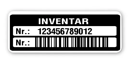 Inventaretiketten Material:Polyethylen-Folie hochglänzend weiß Größe:40x15mm Kopfzeile:"Inventar" Barcode:128C Stellenanzahl:12-stellig Menge:100