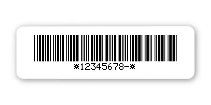 Universaletiketten Material:ThermoTop Größe:50x15mm Kopfzeile:"ohne" Barcode:Code 39 mit Prüfziffer Stellenanzahl:9-stellig Ausführung:1 Etikette pro Nummer Menge:100