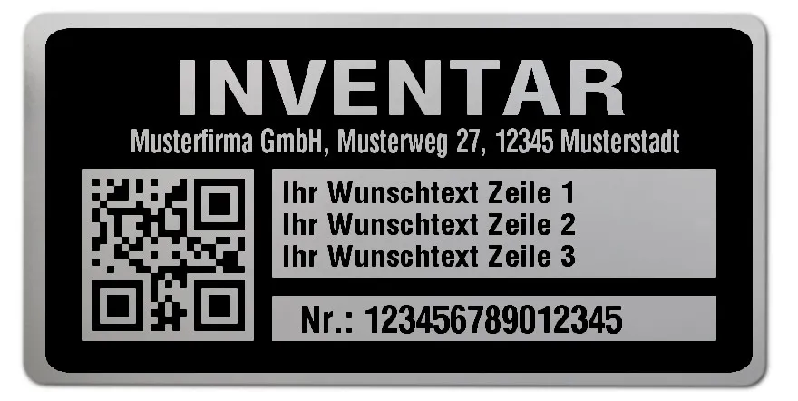 Inventaretiketten Material:Polyester-Folie Silberoptik matt Größe:68x34mm Kopfzeile:"Ihr Wunschtext" Barcode:QR Stellenanzahl:15-stellig Menge:100