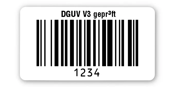 Prüfetiketten Material:Polyethylen-Folie hochglänzend weiß Größe:45x25mm Kopfzeile:"DGUV V3 geprüft" Barcode:128B Stellenanzahl:4-stellig Ausführung:1 Etikette pro Nummer Menge:500
