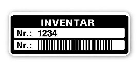 Inventaretiketten Material:Polyethylen-Folie hochglänzend weiß Größe:40x15mm Kopfzeile:"Inventar" Barcode:Code 39 ohne Prüfziffer Stellenanzahl:4-stellig Menge:1000