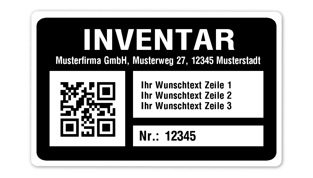 Inventaretiketten Material:Polyethylen-Folie hochglänzend weiß Größe:80x50mm Kopfzeile:"Ihr Wunschtext" Barcode:QR Stellenanzahl:5-stellig Menge:500