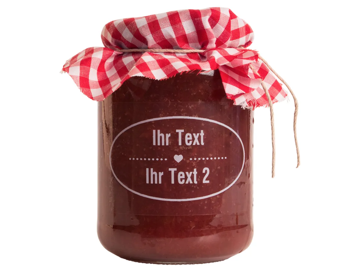 Anwendung: Marmelade Etiketten Material:Schutzetikett & weiß Größe:76x51mm Kopfzeile:"Ihr Wunschtext" Schriftart:St. Petersburg Stellenanzahl:ohne Menge:10
