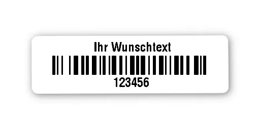 Universaletiketten Material:Folie hochglänzend weiß Größe:31x9mm Kopfzeile:"Ihr Wunschtext" Barcode:128B Stellenanzahl:6-stellig Ausführung:4 Etiketten pro Nummer Menge:1000