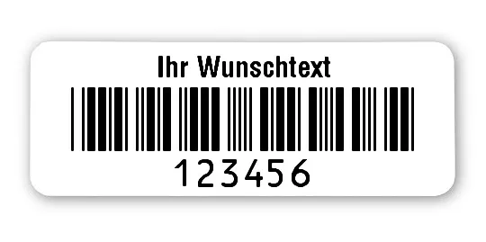 Prüfetiketten Material:Polyethylen-Folie hochglänzend weiß Größe:40x15mm Kopfzeile:"Ihr Wunschtext" Barcode:Code 39 ohne Prüfziffer Stellenanzahl:6-stellig Ausführung:1 Etikette pro Nummer Menge:500