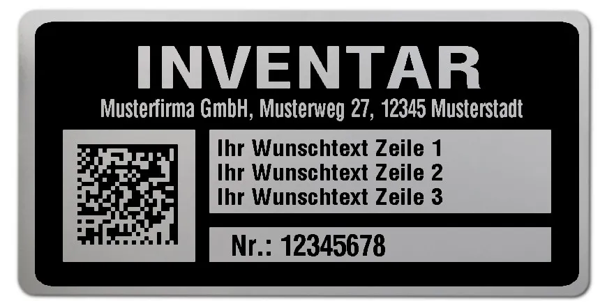 Inventaretiketten Material:Polyester-Folie Silberoptik matt Größe:68x34mm Kopfzeile:"Ihr Wunschtext" Barcode:DataMatrix Stellenanzahl:8-stellig Menge:100