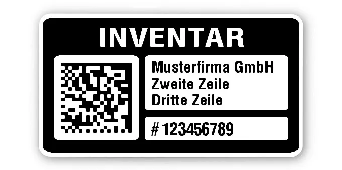 Inventaretiketten Material:Polyethylen-Folie hochglänzend weiß Größe:45x25mm Kopfzeile:"Ihr Wunschtext" Barcode:DataMatrix Stellenanzahl:9-stellig Menge:500