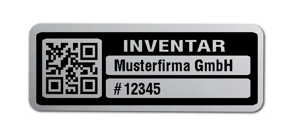 Inventaretiketten Material:Polyester-Folie Silberoptik matt Größe:40x15mm Kopfzeile:"Ihr Wunschtext" Barcode:QR Stellenanzahl:5-stellig Menge:100