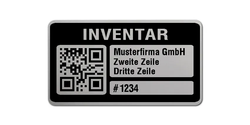 Inventaretiketten Material:Polyester-Folie Silberoptik matt Größe:45x25mm Kopfzeile:"Ihr Wunschtext" Barcode:QR Stellenanzahl:4-stellig Menge:1000