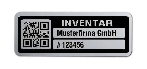 Inventaretiketten Material:Polyester-Folie Silberoptik matt Größe:40x15mm Kopfzeile:"Ihr Wunschtext" Barcode:QR Stellenanzahl:6-stellig Menge:100