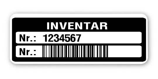Inventaretiketten Material:Polyethylen-Folie hochglänzend weiß Größe:40x15mm Kopfzeile:"Inventar" Barcode:128B Stellenanzahl:7-stellig Menge:100