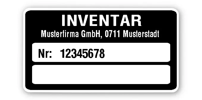 Inventaretiketten Material:Polyethylen-Folie hochglänzend weiß Größe:45x25mm Kopfzeile:"Ihr Wunschtext" Fortlaufend nummerierte INVENTAR Etiketten auf PE-Folie hochglänzend weiß oder Silberoptik matt mit Ihrem Wunschtext als Adresszeile im Kontrastdruc