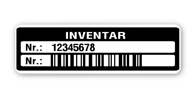 Inventaretiketten Material:Polyethylen-Folie hochglänzend weiß Größe:50x15mm Kopfzeile:"Inventar" Barcode:128C Stellenanzahl:8-stellig Menge:500