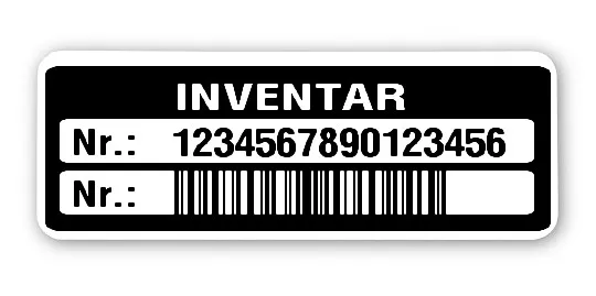Inventaretiketten Material:Polyethylen-Folie hochglänzend weiß Größe:40x15mm Kopfzeile:"Inventar" Barcode:128C Stellenanzahl:16-stellig Menge:1000