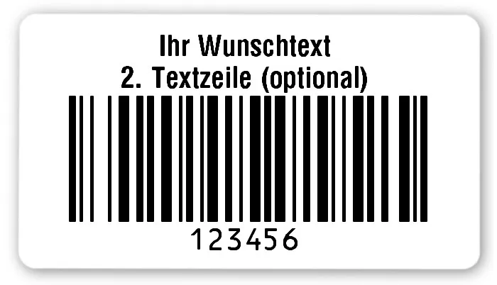 Universaletiketten Material:Folie hochglänzend weiß Größe:54x30mm Kopfzeile:"Ihr Wunschtext" Barcode:128B Stellenanzahl:6-stellig Ausführung:3 Etiketten pro Nummer Menge:300