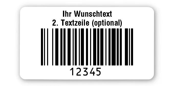 Prüfetiketten Material:Polyethylen-Folie hochglänzend weiß Größe:45x25mm Kopfzeile:"Ihr Wunschtext" Barcode:128B Stellenanzahl:5-stellig Ausführung:1 Etikette pro Nummer Menge:1000