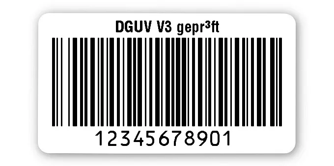 Prüfetiketten Material:Polyethylen-Folie hochglänzend weiß Größe:45x25mm Kopfzeile:"DGUV V3 geprüft" Barcode:128B Stellenanzahl:11-stellig Ausführung:1 Etikette pro Nummer Menge:1000