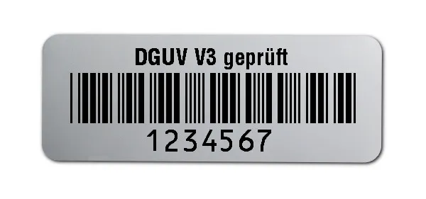 Prüfetiketten Material:Polyester-Folie Silberoptik matt Größe:40x15mm Kopfzeile:"DGUV V3 geprüft" Barcode:Code 39 ohne Prüfziffer Stellenanzahl:7-stellig Ausführung:1 Etikette pro Nummer Menge:1000