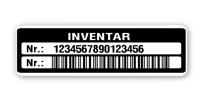 Inventaretiketten Material:Polyethylen-Folie hochglänzend weiß Größe:50x15mm Kopfzeile:"Inventar" Barcode:2a5 interleaved Stellenanzahl:16-stellig Menge:100