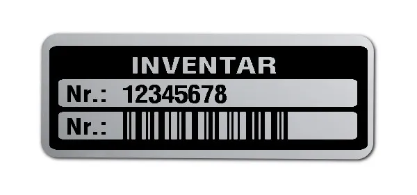 Inventaretiketten Material:Polyester-Folie Silberoptik matt Größe:40x15mm Kopfzeile:"Inventar" Barcode:128C Stellenanzahl:8-stellig Menge:100