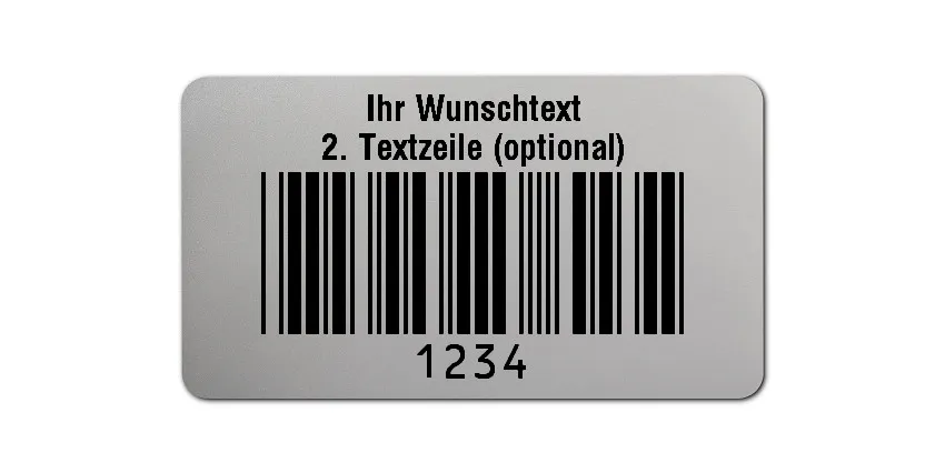 Prüfetiketten Material:Polyester-Folie Silberoptik matt Größe:45x25mm Kopfzeile:"Ihr Wunschtext" Barcode:Code 39 ohne Prüfziffer Stellenanzahl:4-stellig Ausführung:1 Etikette pro Nummer Menge:1000