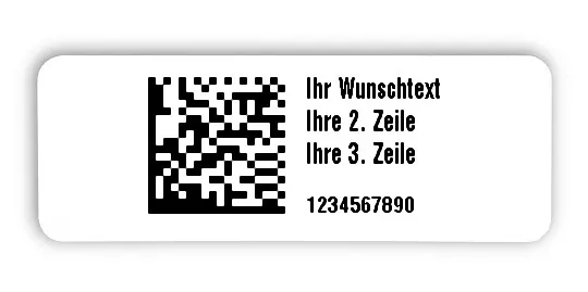 Universaletiketten Material:Patch Größe:40x15mm Kopfzeile:"Ihr Wunschtext" Barcode:DataMatrix Stellenanzahl:10-stellig Ausführung:1 Etikette pro Nummer Menge:100