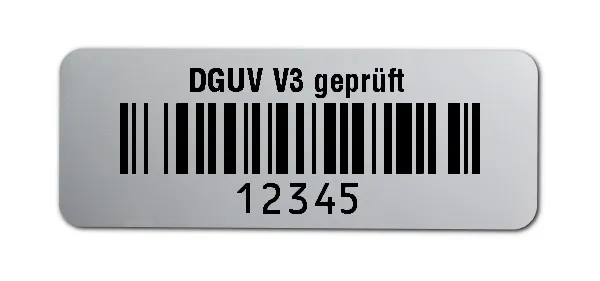 Prüfetiketten Material:Polyester-Folie Silberoptik matt Größe:40x15mm Kopfzeile:"DGUV V3 geprüft" Barcode:128B Stellenanzahl:5-stellig Ausführung:1 Etikette pro Nummer Menge:1000