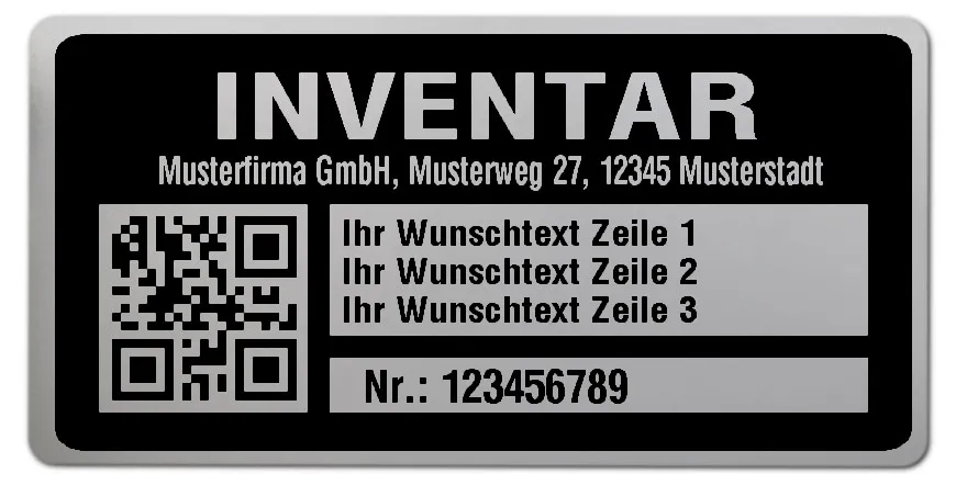 Inventaretiketten Material:Polyester-Folie Silberoptik matt Größe:68x34mm Kopfzeile:"Ihr Wunschtext" Barcode:QR Stellenanzahl:9-stellig Menge:1000