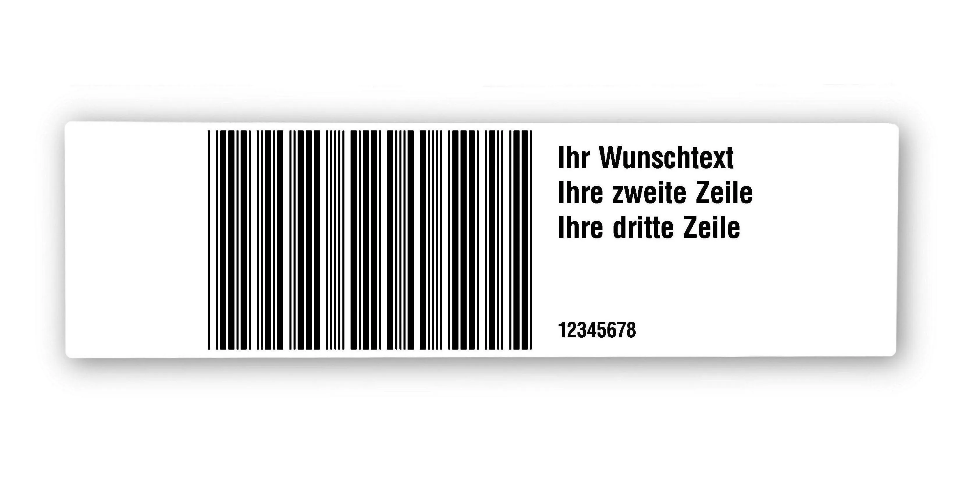 Universaletiketten Material:Polyethylen-Folie weiß matt opak Größe:250x70mm Kopfzeile:"ohne" Barcode:2a5 interleaved Stellenanzahl:4-stellig Ausführung:1 Etikette pro Nummer Menge:100