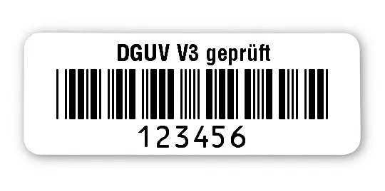 Prüfetiketten Material:Polyethylen-Folie hochglänzend weiß Größe:40x15mm Kopfzeile:"DGUV V3 geprüft" Barcode:Code 39 ohne Prüfziffer Stellenanzahl:6-stellig Ausführung:1 Etikette pro Nummer Menge:1000