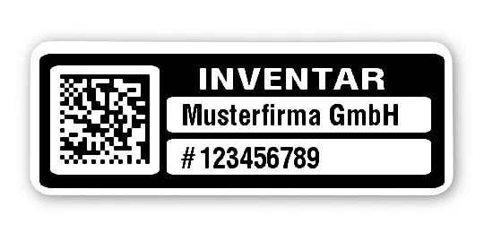 Inventaretiketten Material:Polyethylen-Folie hochglänzend weiß Größe:40x15mm Kopfzeile:"Ihr Wunschtext" Barcode:DataMatrix Stellenanzahl:9-stellig Menge:100