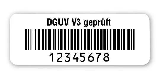 Prüfetiketten Material:Polyethylen-Folie hochglänzend weiß Größe:40x15mm Kopfzeile:"DGUV V3 geprüft" Barcode:128B Stellenanzahl:8-stellig Ausführung:1 Etikette pro Nummer Menge:500