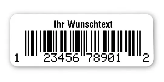 EAN Etiketten Material:Polyethylen-Folie hochglänzend weiß Größe:40x15mm Produkt:EAN Etiketten Kopfzeile:"Ihr Wunschtext" Größe:40x15mm Barcode:UPC A Stellenanzahl:12-stellig Ausführung:1 Etikette pro Nummer Menge:100