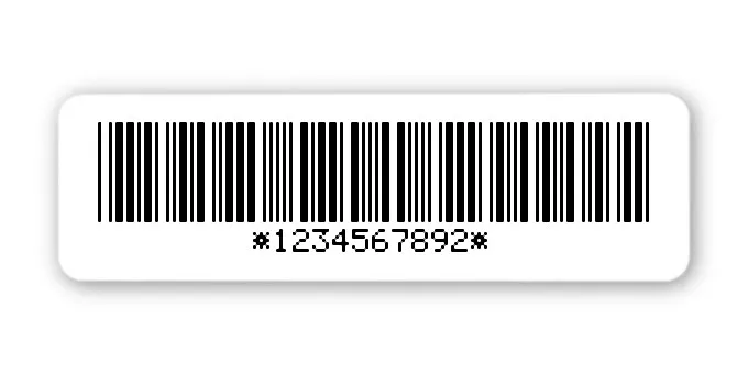 Universaletiketten Material:Polyethylen-Folie hochglänzend weiß Größe:50x15mm Kopfzeile:"ohne" Barcode:Code 39 mit Prüfziffer Stellenanzahl:10-stellig Ausführung:1 Etikette pro Nummer Menge:100