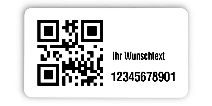 Inventaretiketten Universal Material:Polyethylen-Folie hochglänzend weiß Größe:45x25mm Kopfzeile:"Ihr Wunschtext" Barcode:QR Stellenanzahl:11-stellig Menge:100