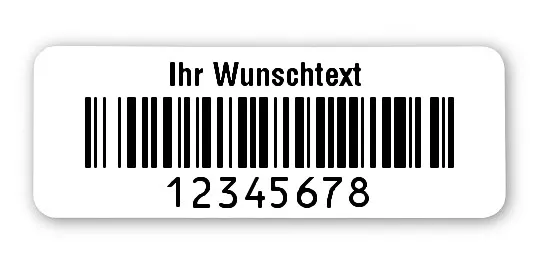 Prüfetiketten Material:Polyethylen-Folie hochglänzend weiß Größe:40x15mm Kopfzeile:"Ihr Wunschtext" Barcode:128B Stellenanzahl:8-stellig Ausführung:1 Etikette pro Nummer Menge:1000