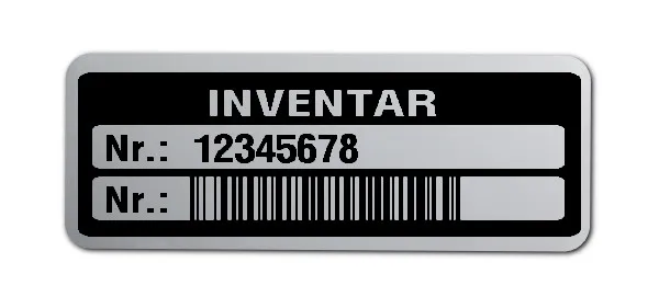 Inventaretiketten Material:Polyester-Folie Silberoptik matt Größe:40x15mm Kopfzeile:"Inventar" Barcode:128B Stellenanzahl:8-stellig Menge:100