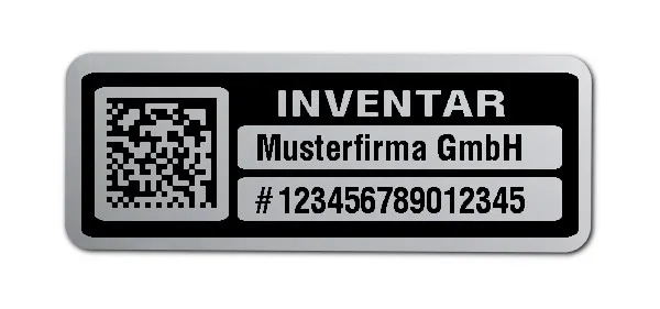 Inventaretiketten Material:Polyester-Folie Silberoptik matt Größe:40x15mm Kopfzeile:"Ihr Wunschtext" Barcode:DataMatrix Stellenanzahl:15-stellig Menge:1000
