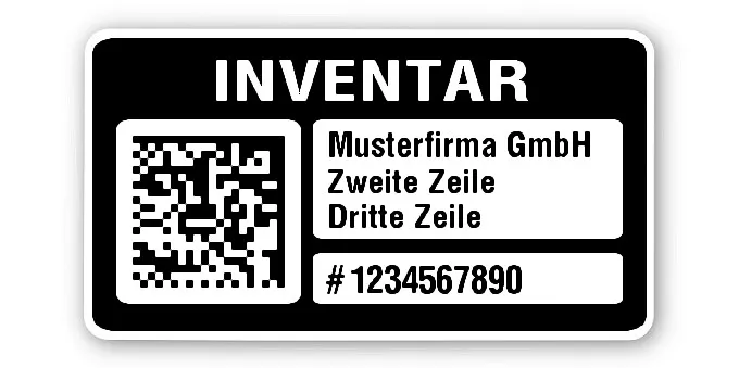 Inventaretiketten Material:Polyethylen-Folie hochglänzend weiß Größe:45x25mm Kopfzeile:"Ihr Wunschtext" Barcode:DataMatrix Stellenanzahl:10-stellig Menge:100
